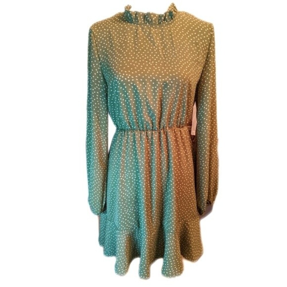 Chic Style sage olive green w/ white dots, knee length flowy dress S